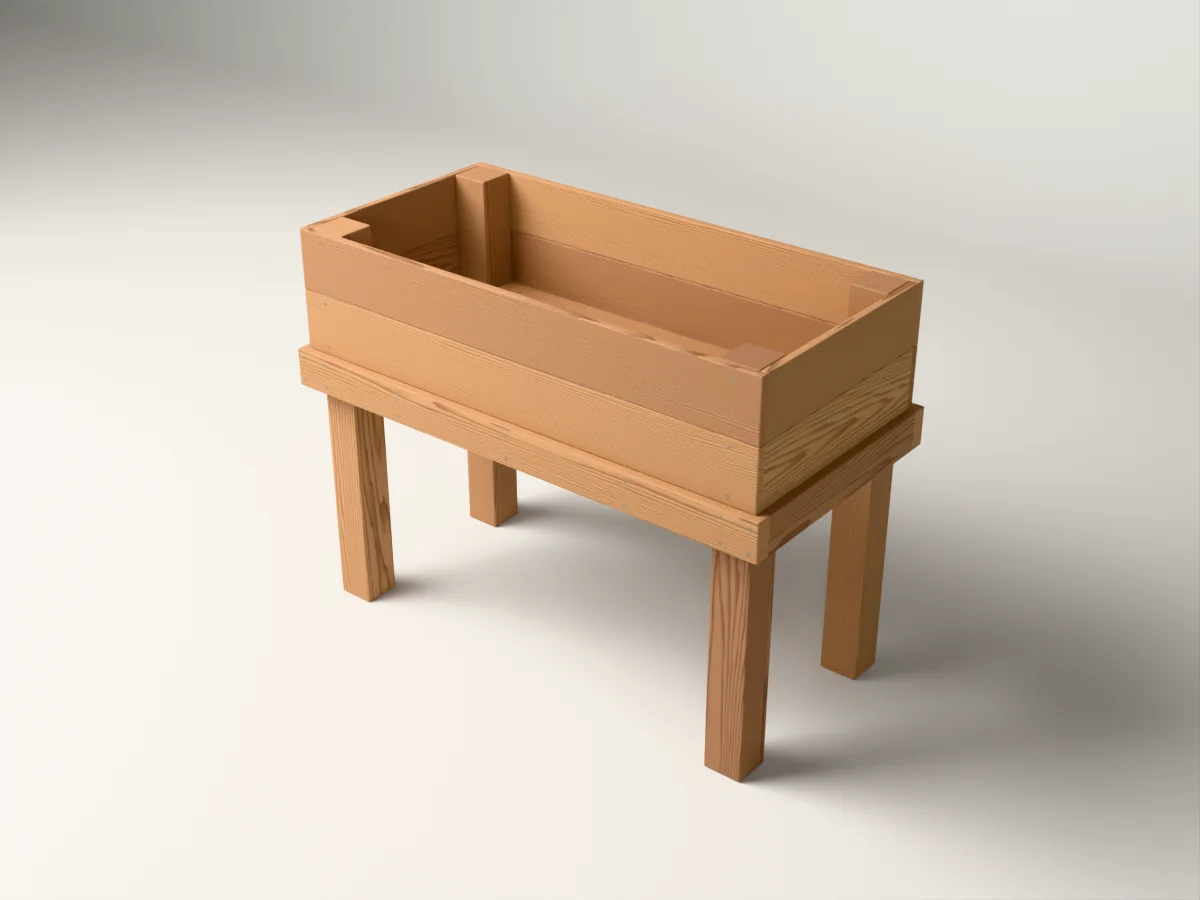 3D rendering of the elevated cedar planter, showing its four legs and open planting box